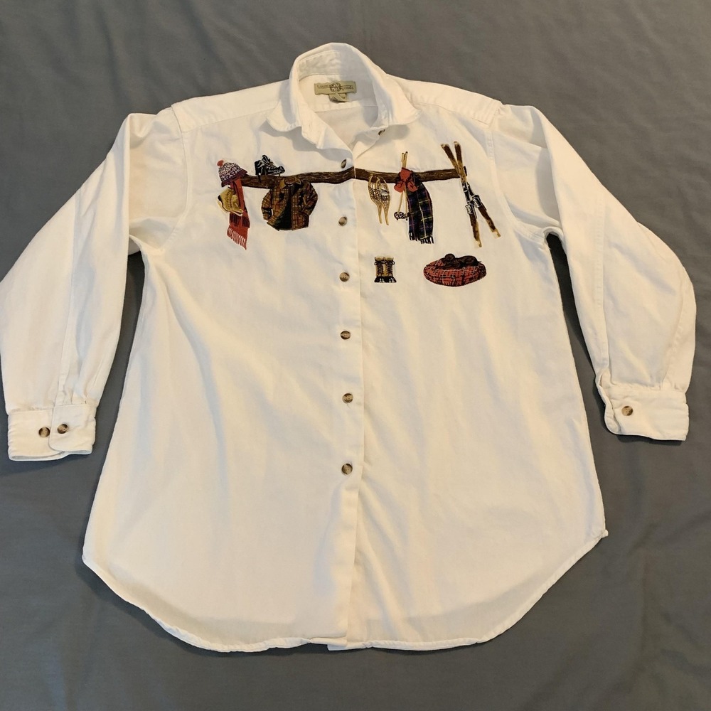 Vintage Country Legends Shirt Womens Small White Ski Lodge Embroidered Button Up